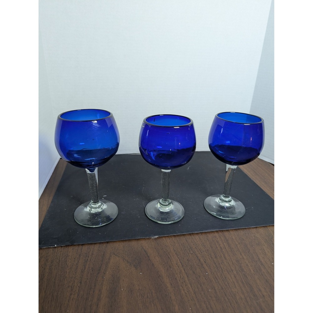 Cobalt Handblown Set of 3 Wine Goblet Glasses Blue Heavy